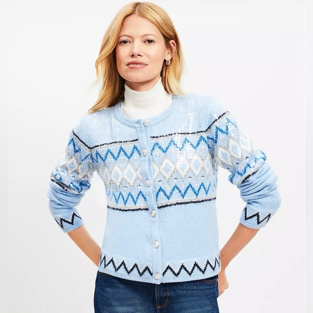 NWT Loft Blue Patterned and Sequined Women's Cardigan Sweater - Picture 2 of 10